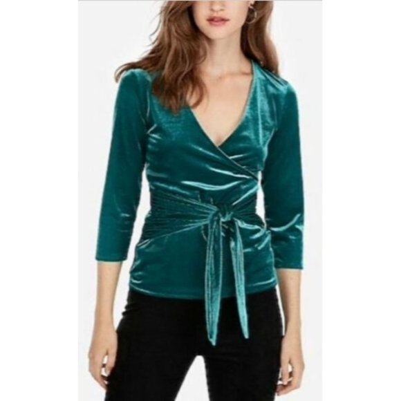 Express One Eleven XS Silver Gray Velvet Ribbed Wrap Shirt tie top blouse 0-2 - Picture 7 of 11